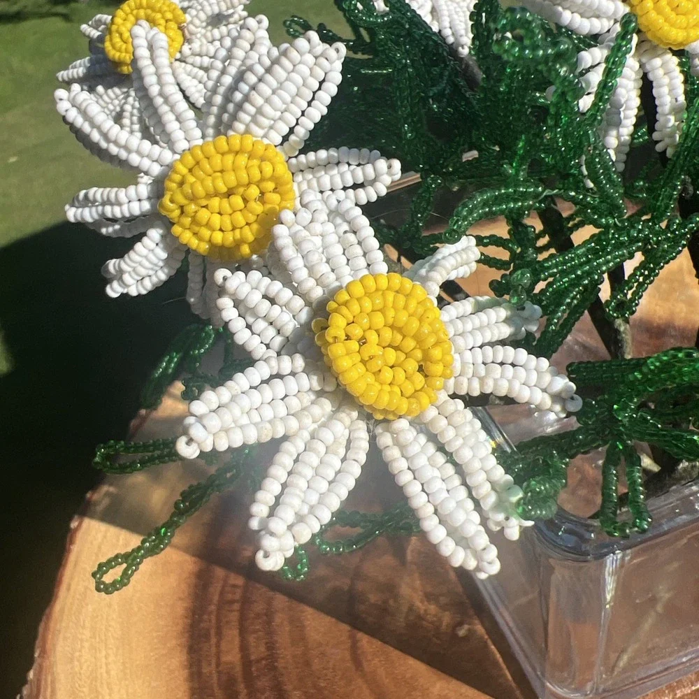 Vintage French Beaded Daisy Flowers 10 Stems Seed Bead Handmade Floral Decor